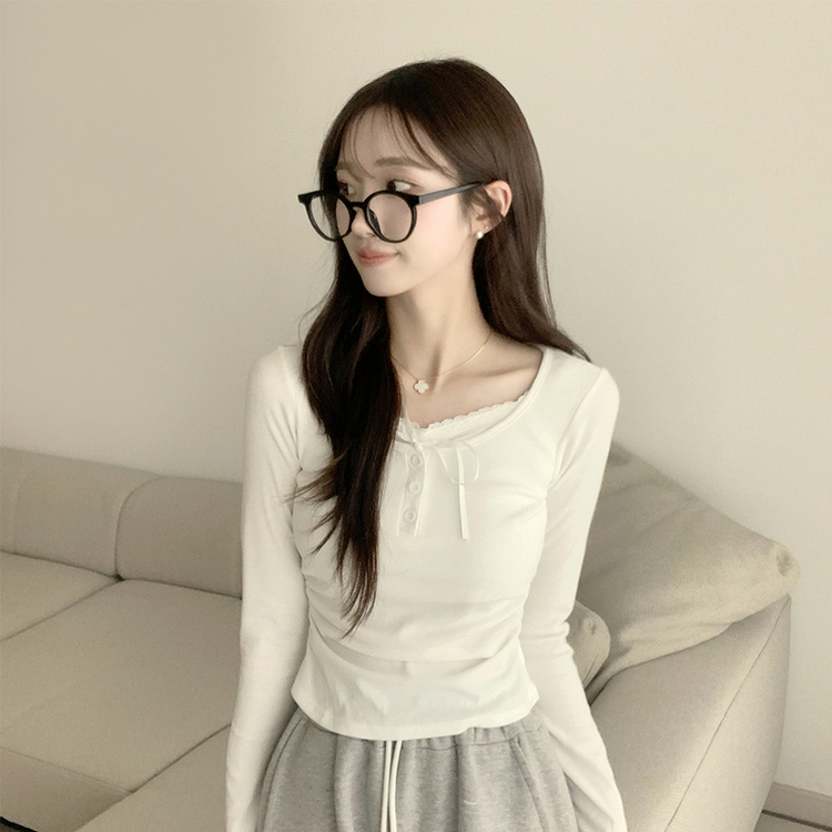 슈슈 리본 레이스 긴팔 셔링 단추 티셔츠 프릴 레이어드 일체형 긴팔티 슬림핏 상의 데일리 봄 면티 화이트