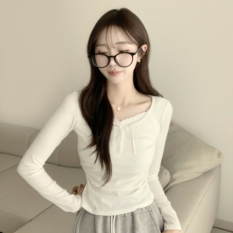 슈슈 리본 레이스 긴팔 셔링 단추 티셔츠 프릴 레이어드 일체형 긴팔티 슬림핏 상의 데일리 봄 면티 화이트