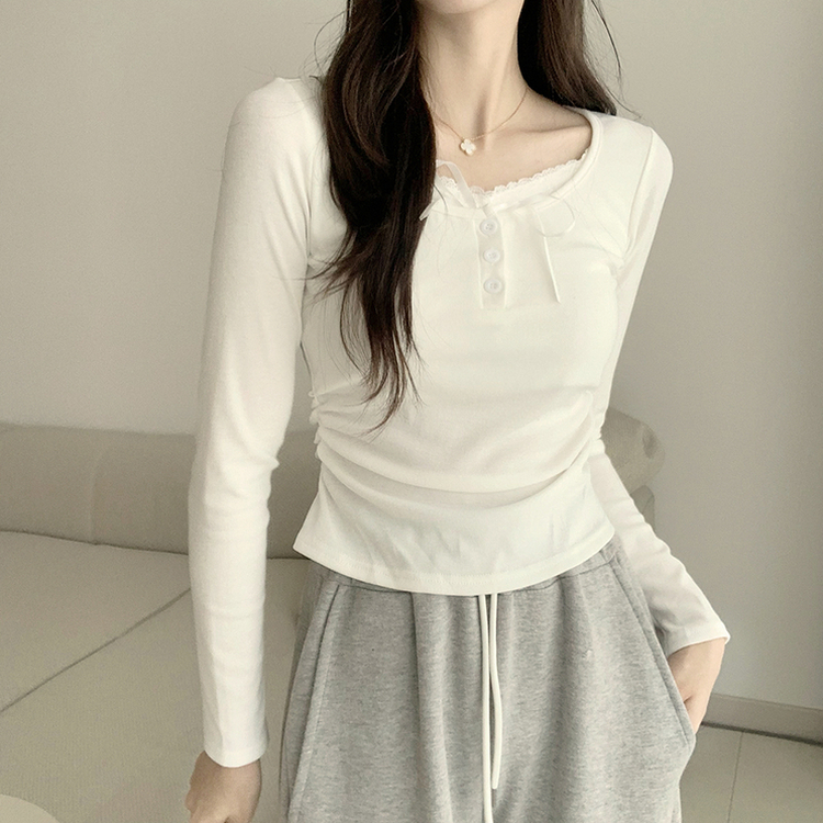 슈슈 리본 레이스 긴팔 셔링 단추 티셔츠 프릴 레이어드 일체형 긴팔티 슬림핏 상의 데일리 봄 면티 화이트