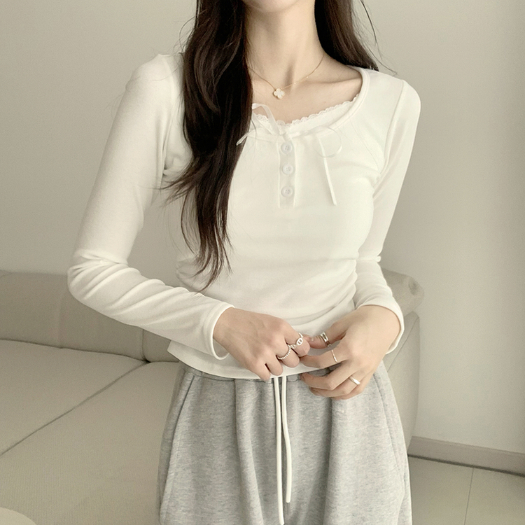 슈슈 리본 레이스 긴팔 셔링 단추 티셔츠 프릴 레이어드 일체형 긴팔티 슬림핏 상의 데일리 봄 면티 화이트