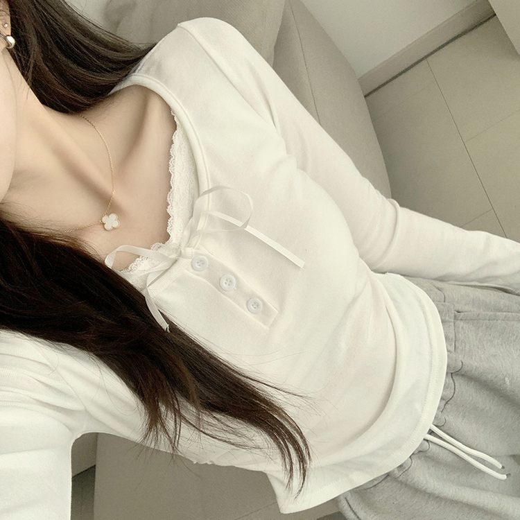 슈슈 리본 레이스 긴팔 셔링 단추 티셔츠 프릴 레이어드 일체형 긴팔티 슬림핏 상의 데일리 봄 면티 화이트