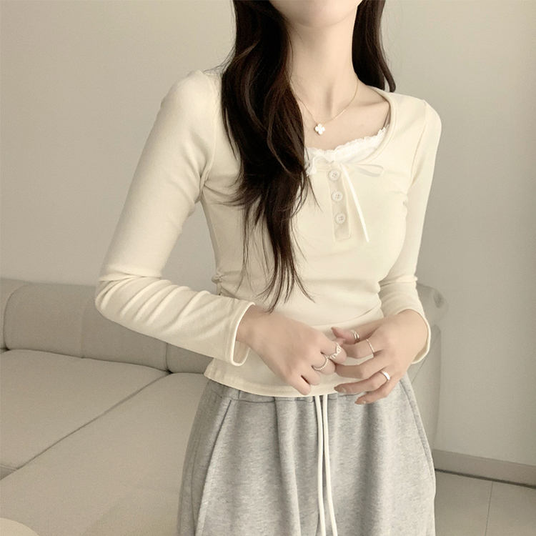 슈슈 리본 레이스 긴팔 셔링 단추 티셔츠 프릴 레이어드 일체형 긴팔티 슬림핏 상의 데일리 봄 면티 크림