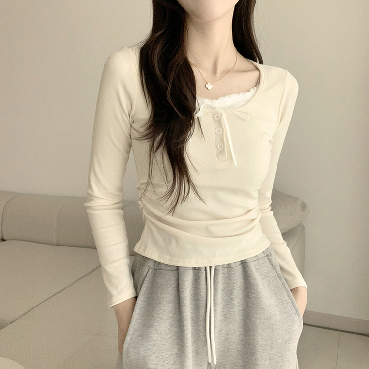 슈슈 리본 레이스 긴팔 셔링 단추 티셔츠 프릴 레이어드 일체형 긴팔티 슬림핏 상의 데일리 봄 면티 크림