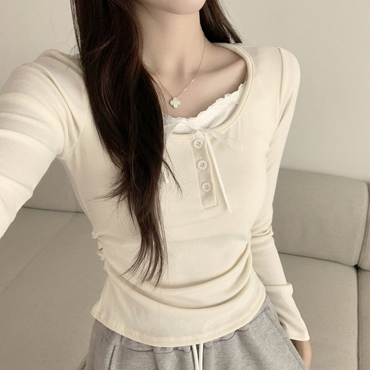 슈슈 리본 레이스 긴팔 셔링 단추 티셔츠 프릴 레이어드 일체형 긴팔티 슬림핏 상의 데일리 봄 면티 크림
