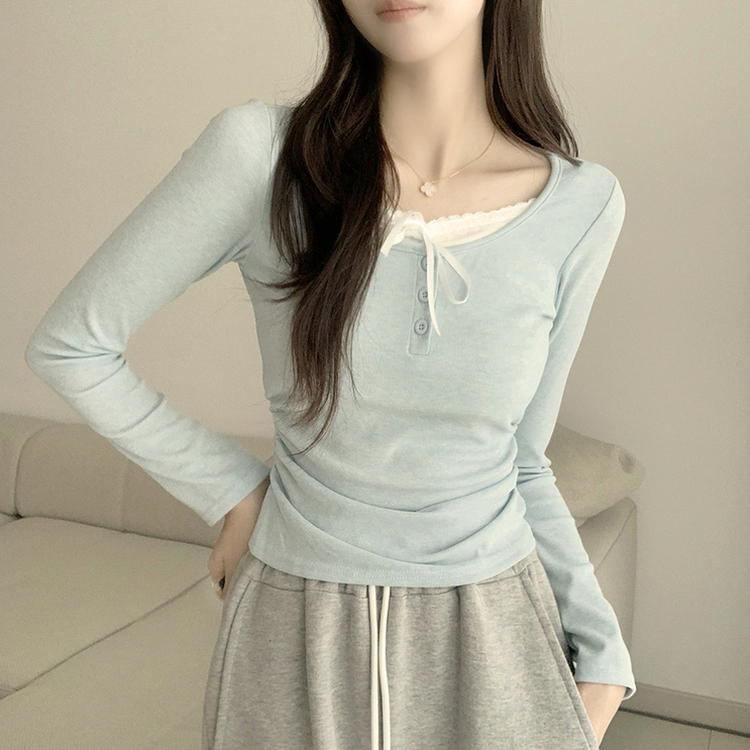 슈슈 리본 레이스 긴팔 셔링 단추 티셔츠 프릴 레이어드 일체형 긴팔티 슬림핏 상의 데일리 봄 면티 소라