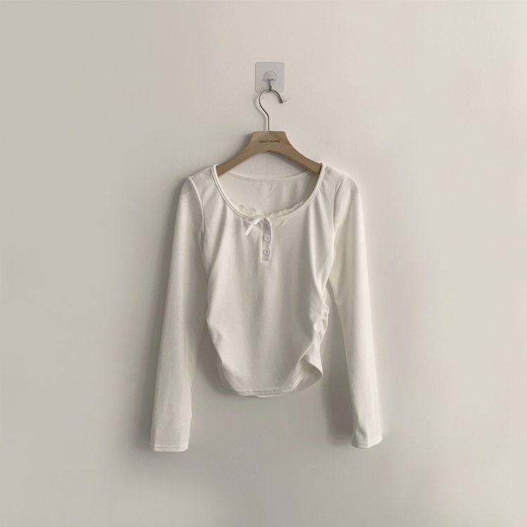 슈슈 리본 레이스 긴팔 셔링 단추 티셔츠 프릴 레이어드 일체형 긴팔티 슬림핏 상의 데일리 봄 면티