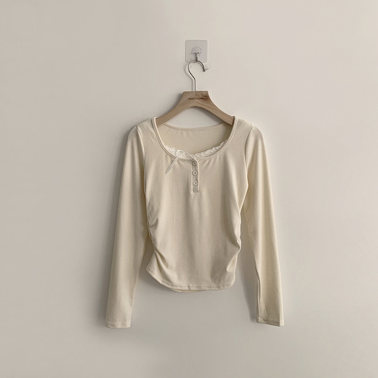 슈슈 리본 레이스 긴팔 셔링 단추 티셔츠 프릴 레이어드 일체형 긴팔티 슬림핏 상의 데일리 봄 면티