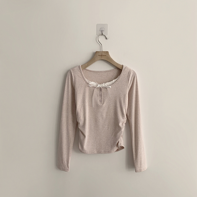 슈슈 리본 레이스 긴팔 셔링 단추 티셔츠 프릴 레이어드 일체형 긴팔티 슬림핏 상의 데일리 봄 면티