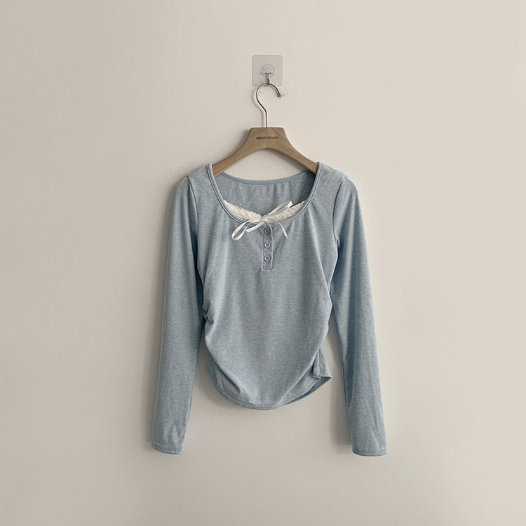 슈슈 리본 레이스 긴팔 셔링 단추 티셔츠 프릴 레이어드 일체형 긴팔티 슬림핏 상의 데일리 봄 면티