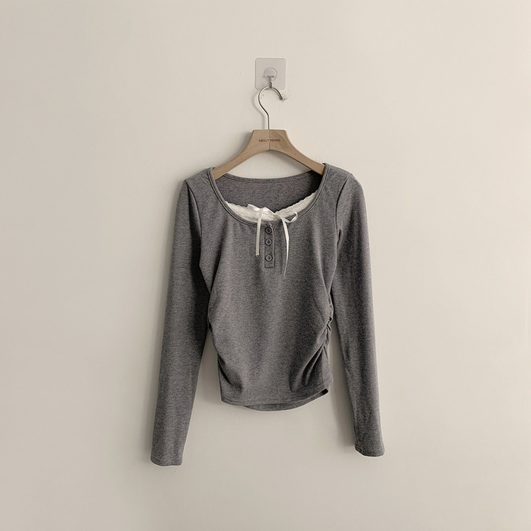 슈슈 리본 레이스 긴팔 셔링 단추 티셔츠 프릴 레이어드 일체형 긴팔티 슬림핏 상의 데일리 봄 면티