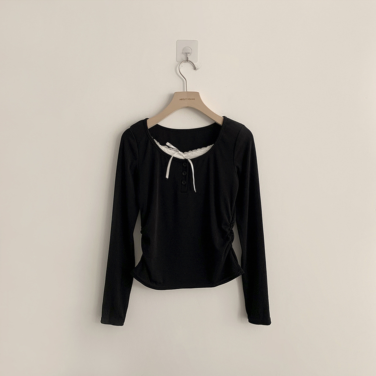 슈슈 리본 레이스 긴팔 셔링 단추 티셔츠 프릴 레이어드 일체형 긴팔티 슬림핏 상의 데일리 봄 면티