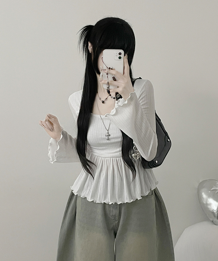 물결골지프릴스퀘어셔링긴팔티셔츠 화이트