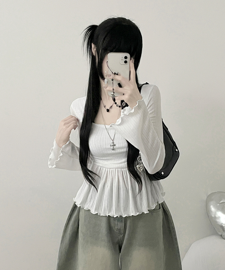 물결골지프릴스퀘어셔링긴팔티셔츠 화이트