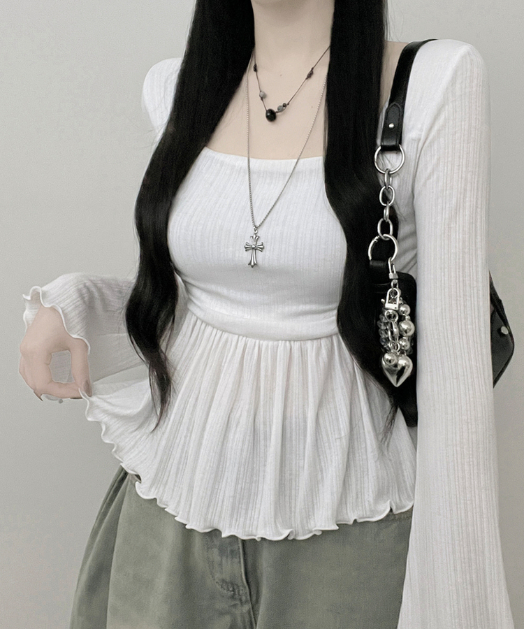 물결골지프릴스퀘어셔링긴팔티셔츠 화이트