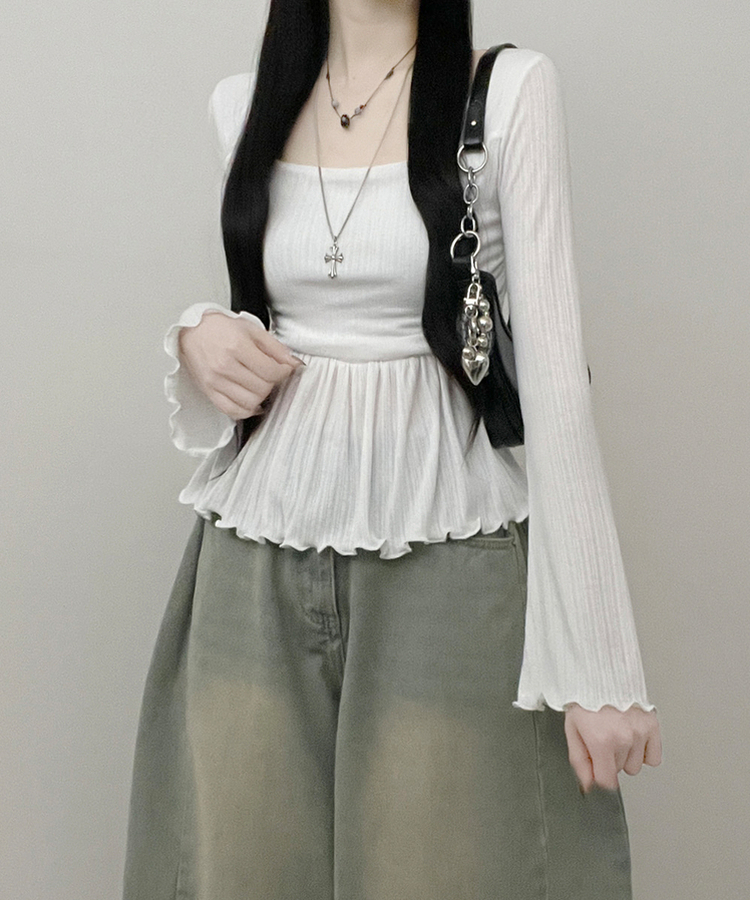 물결골지프릴스퀘어셔링긴팔티셔츠 화이트