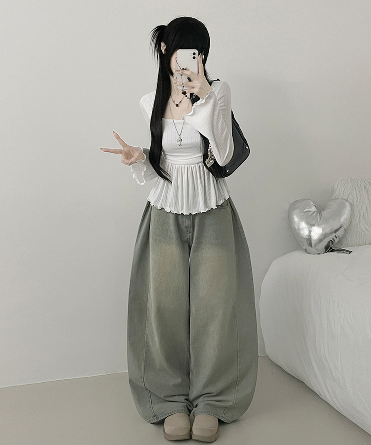 물결골지프릴스퀘어셔링긴팔티셔츠 화이트