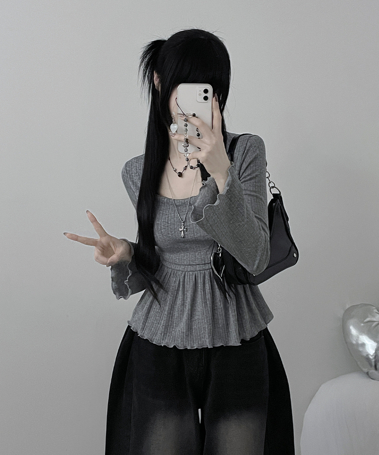 물결골지프릴스퀘어셔링긴팔티셔츠 그레이