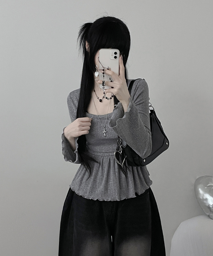 물결골지프릴스퀘어셔링긴팔티셔츠 그레이