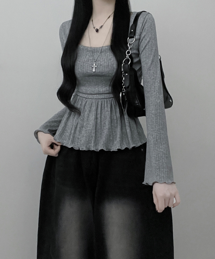 물결골지프릴스퀘어셔링긴팔티셔츠 그레이