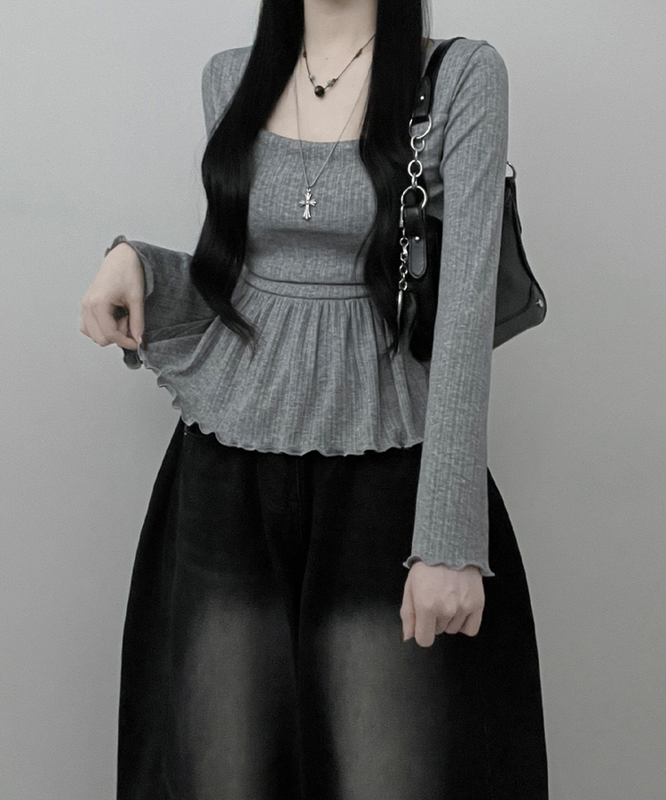 물결골지프릴스퀘어셔링긴팔티셔츠 그레이