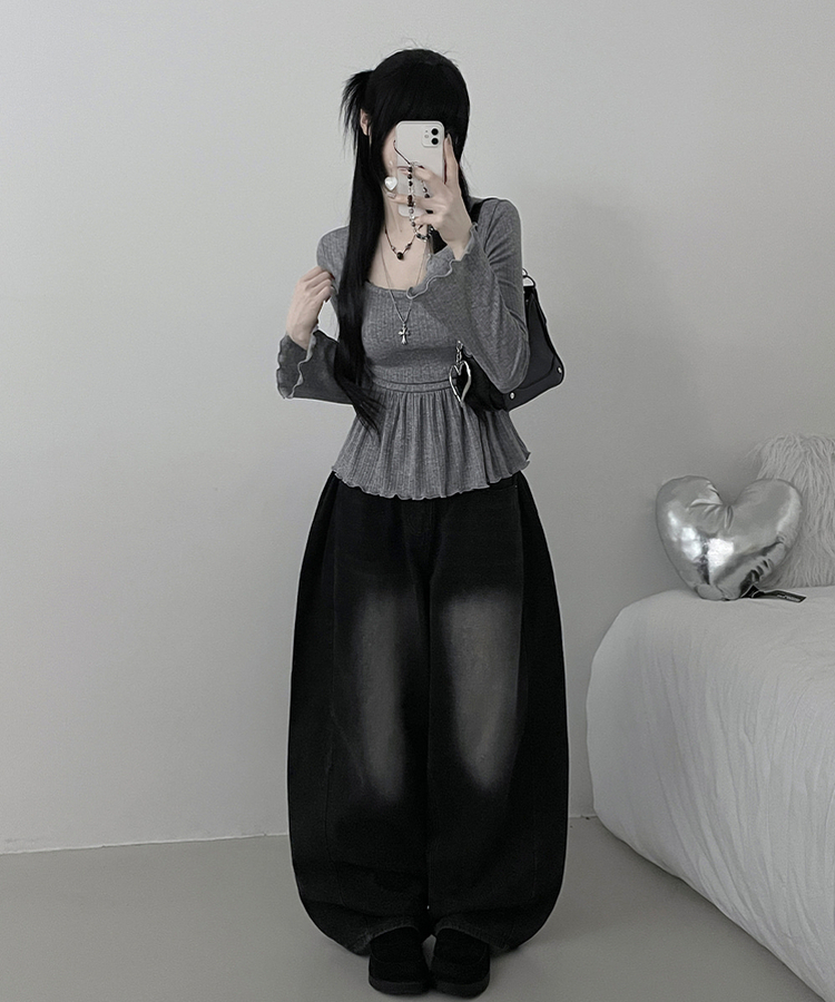 물결골지프릴스퀘어셔링긴팔티셔츠 그레이