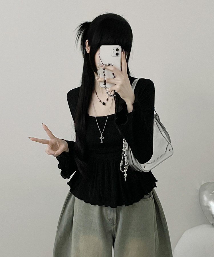 물결골지프릴스퀘어셔링긴팔티셔츠 검정