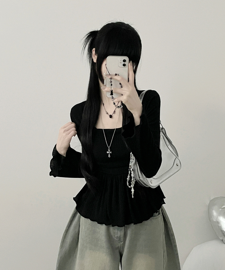 물결골지프릴스퀘어셔링긴팔티셔츠 검정