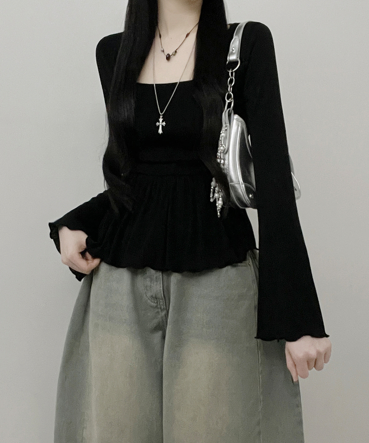 물결골지프릴스퀘어셔링긴팔티셔츠 검정