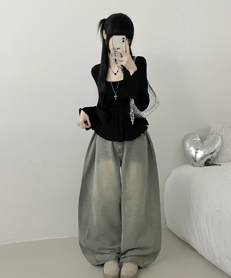 물결골지프릴스퀘어셔링긴팔티셔츠 검정