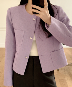 (ブランド工程/ハートボタンが輝く/春を抱くジャケット♥) ロエンミ ハートボタン 3ポケット ノーカラーツイードジャケット PURPLE