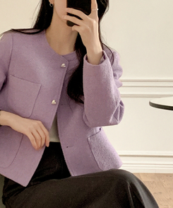(ブランド工程/ハートボタンが輝く/春を抱くジャケット♥) ロエンミ ハートボタン 3ポケット ノーカラーツイードジャケット PURPLE