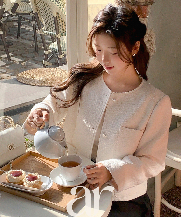 (ブランド工程/ハートボタンが輝く/春を抱くジャケット♥) ロエンミ ハートボタン 3ポケット ノーカラーツイードジャケット IVORY