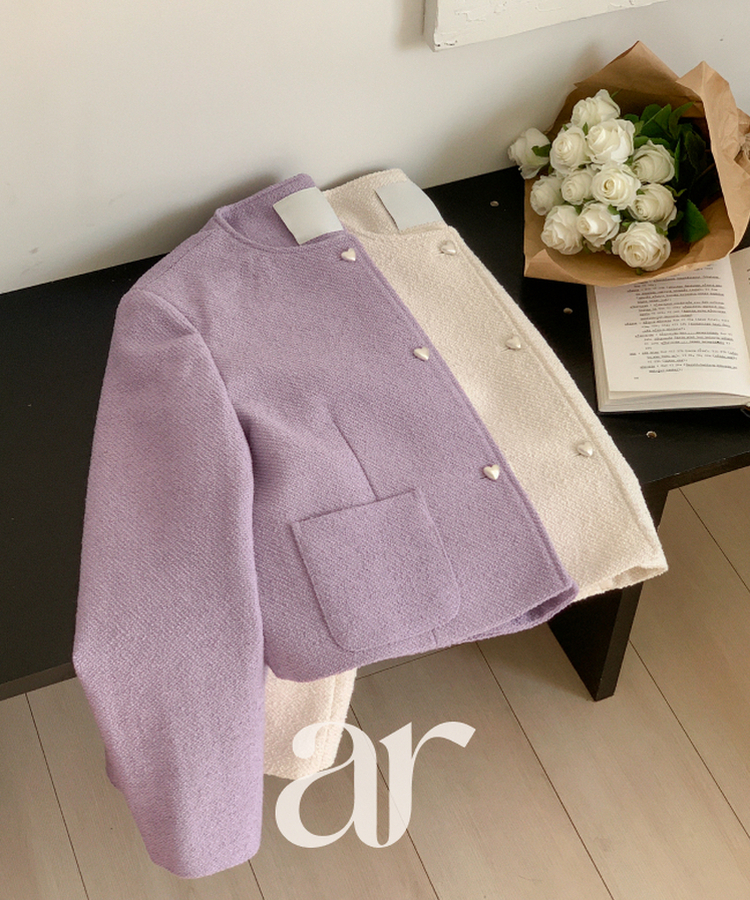 (ブランド工程/ハートボタンが輝く/春を抱くジャケット♥) ロエンミ ハートボタン 3ポケット ノーカラーツイードジャケット