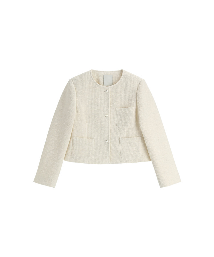 (ブランド工程/ハートボタンが輝く/春を抱くジャケット♥) ロエンミ ハートボタン 3ポケット ノーカラーツイードジャケット