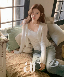 (カップ付きキャミ＋カーディガンSET／華奢フィット)   シアー リブ シャーリング カップ付きキャミ   ウール クロップド 長袖 カーディガン セット   IVORY