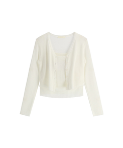 (カップ付きキャミ＋カーディガンSET／華奢フィット)   シアー リブ シャーリング カップ付きキャミ   ウール クロップド 長袖 カーディガン セット