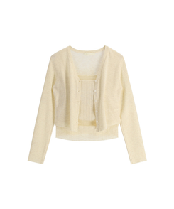 (カップ付きキャミ＋カーディガンSET／華奢フィット)   シアー リブ シャーリング カップ付きキャミ   ウール クロップド 長袖 カーディガン セット