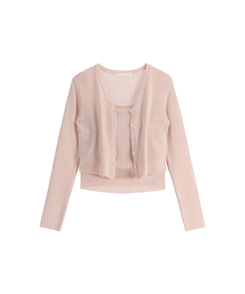 (カップ付きキャミ＋カーディガンSET／華奢フィット)   シアー リブ シャーリング カップ付きキャミ   ウール クロップド 長袖 カーディガン セット