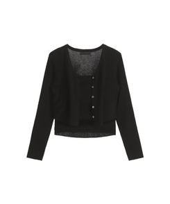 (カップ付きキャミ＋カーディガンSET／華奢フィット)   シアー リブ シャーリング カップ付きキャミ   ウール クロップド 長袖 カーディガン セット