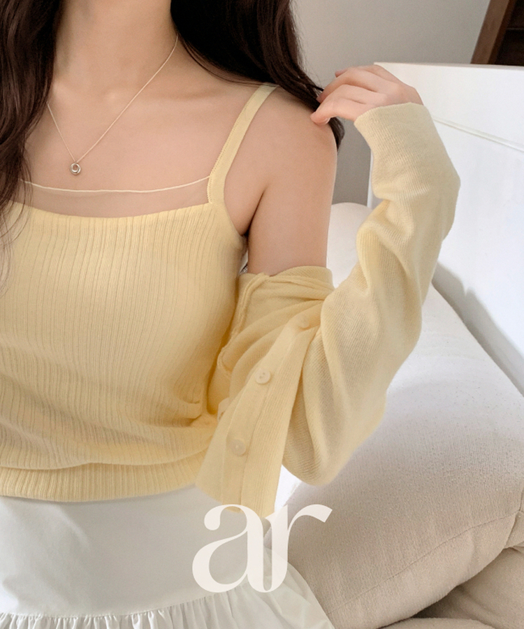 (カップ付きキャミ＋カーディガンSET／華奢フィット)   シアー リブ シャーリング カップ付きキャミ   ウール クロップド 長袖 カーディガン セット   YELLOW