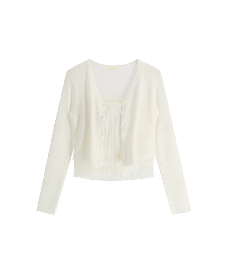 (カップ付きキャミ＋カーディガンSET／華奢フィット)   シアー リブ シャーリング カップ付きキャミ   ウール クロップド 長袖 カーディガン セット