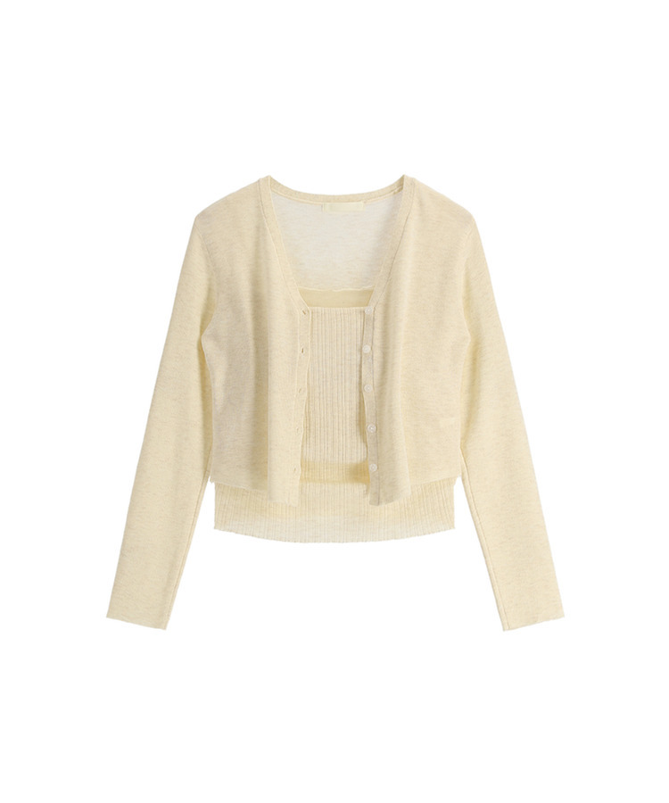 (カップ付きキャミ＋カーディガンSET／華奢フィット)   シアー リブ シャーリング カップ付きキャミ   ウール クロップド 長袖 カーディガン セット