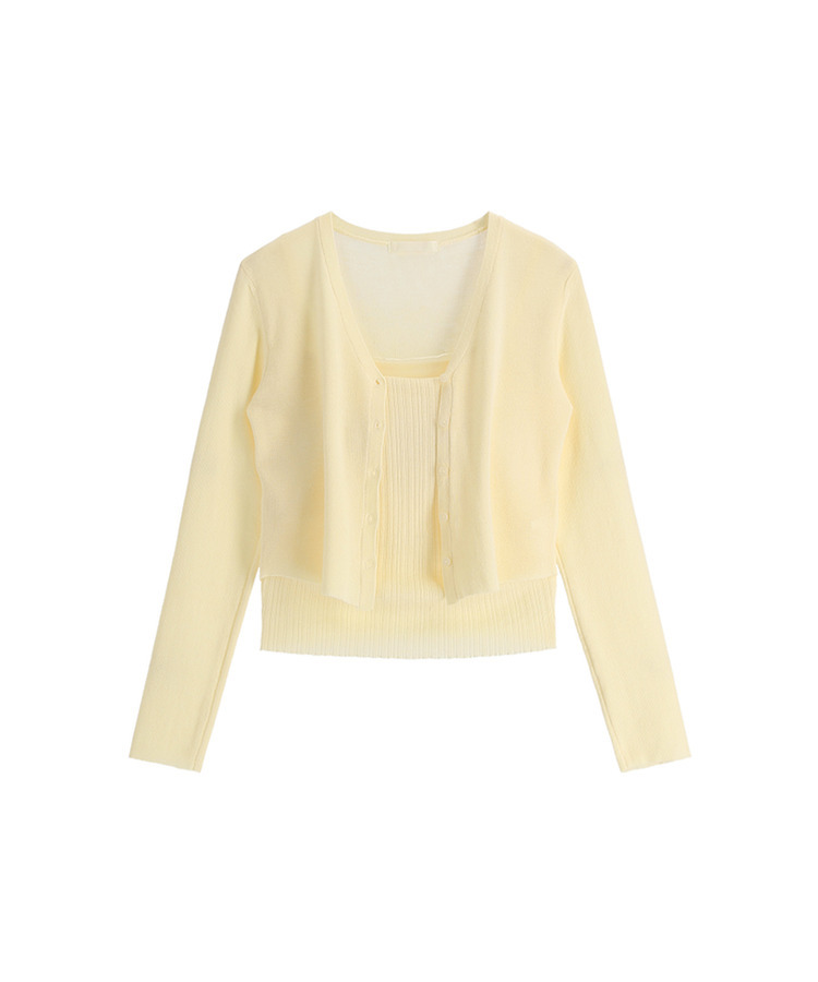 (カップ付きキャミ＋カーディガンSET／華奢フィット)   シアー リブ シャーリング カップ付きキャミ   ウール クロップド 長袖 カーディガン セット