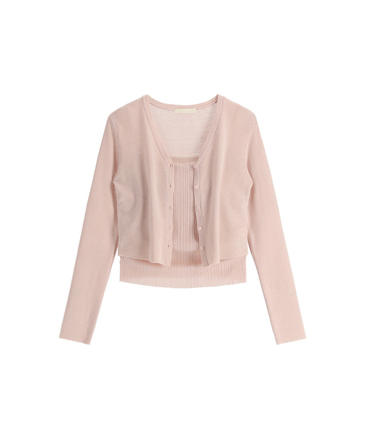 (カップ付きキャミ＋カーディガンSET／華奢フィット)   シアー リブ シャーリング カップ付きキャミ   ウール クロップド 長袖 カーディガン セット