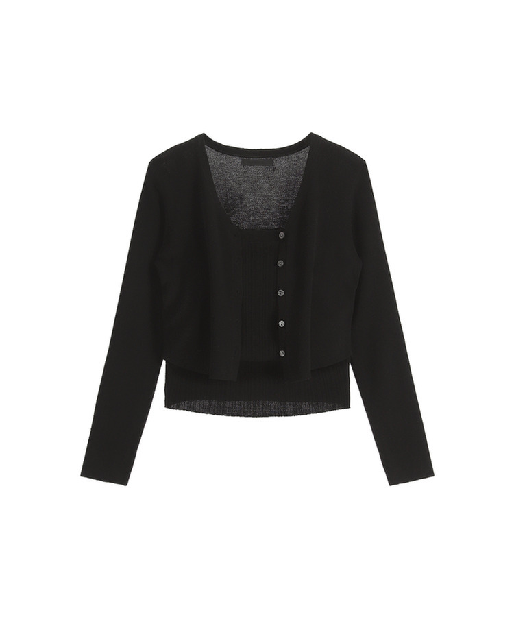 (カップ付きキャミ＋カーディガンSET／華奢フィット)   シアー リブ シャーリング カップ付きキャミ   ウール クロップド 長袖 カーディガン セット