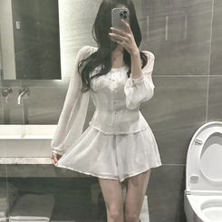 【SET】ボタンブラウス＋スカートパンツ WHITE