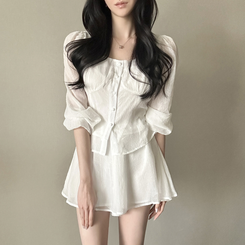 【SET】ボタンブラウス＋スカートパンツ WHITE