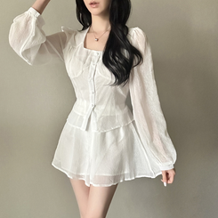 【SET】ボタンブラウス＋スカートパンツ WHITE