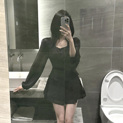 【SET】ボタンブラウス＋スカートパンツ BLACK