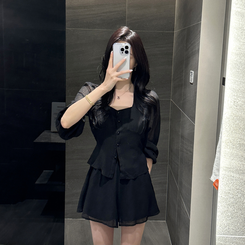 【SET】ボタンブラウス＋スカートパンツ BLACK